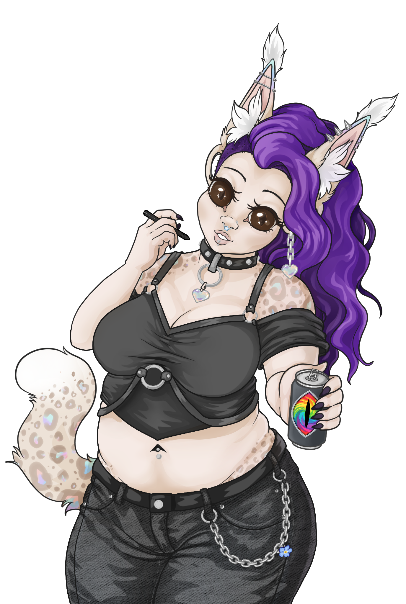 Mel, the Mi Linda Creations mascot, holding a stylus and a branded can in her signature casual outfit.